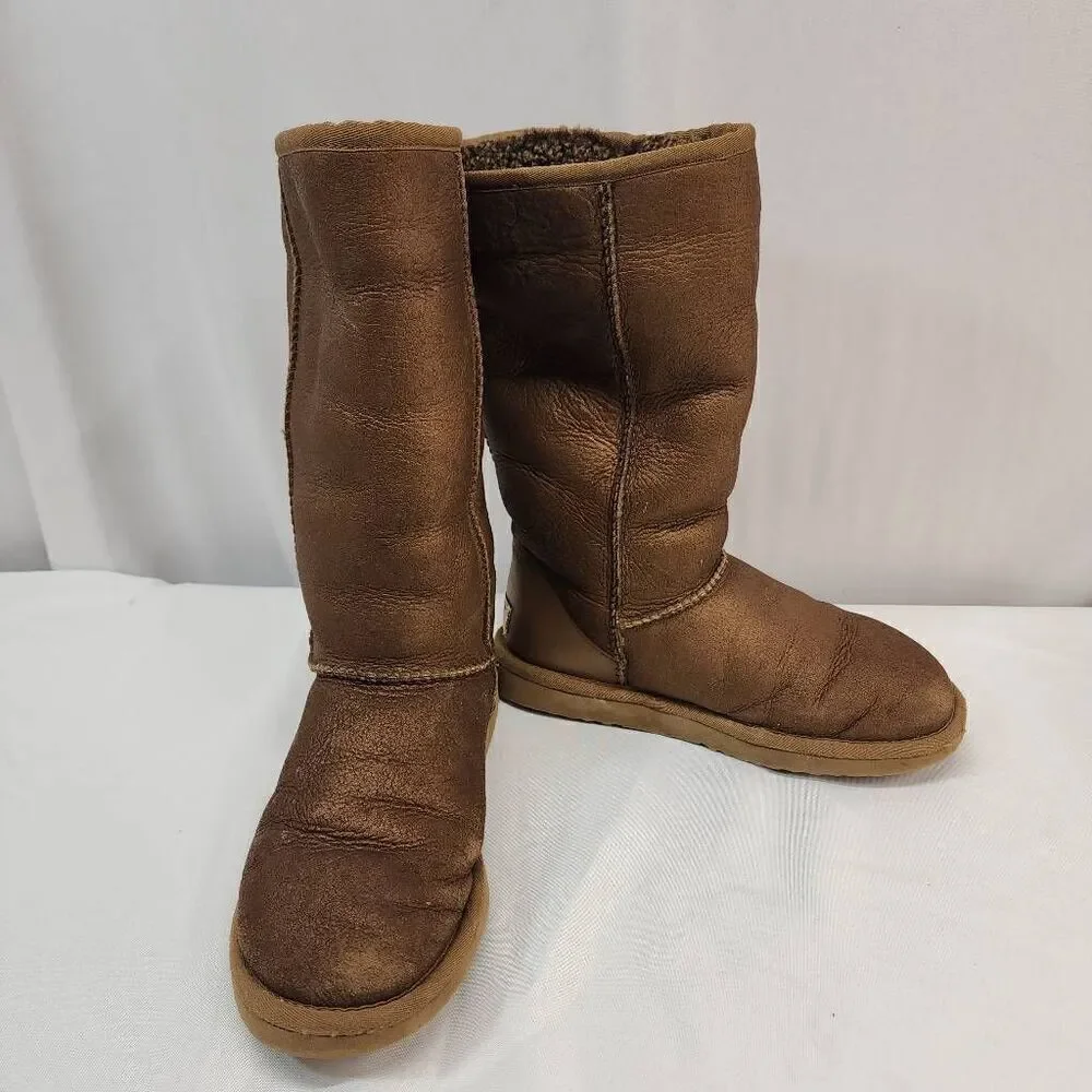 UGG Australia Size 7 Classic Tall Suede Metallic Bronze Sheepskin Boots